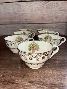 7 Classic Antique Pope Gosser Floral Fruit Basket Teacup - Gold Trim, White